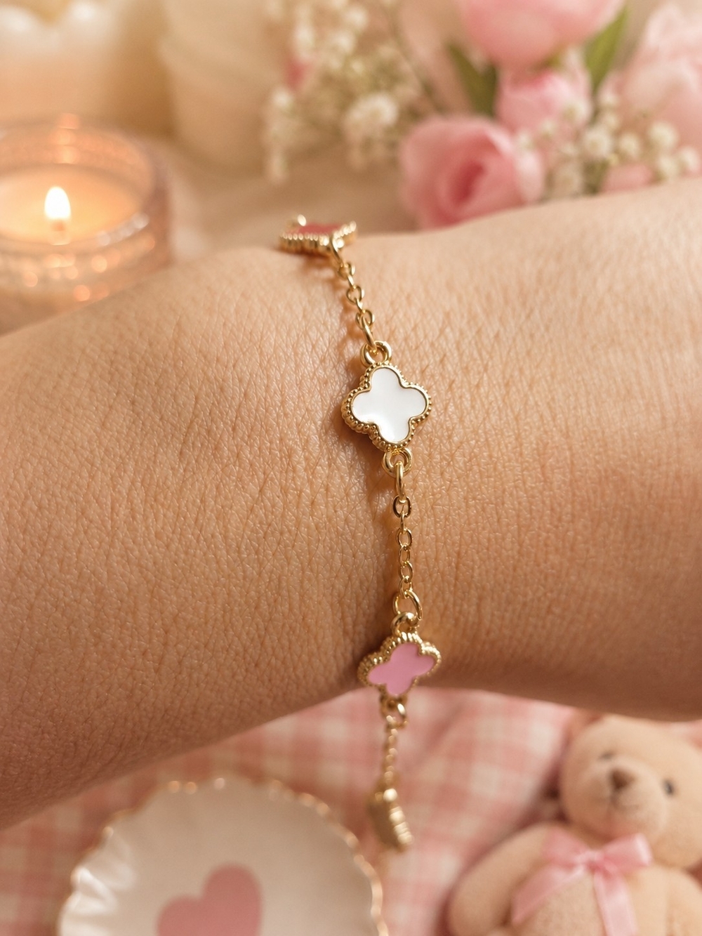 Chain Bracelet with White and Pink Clover Charms